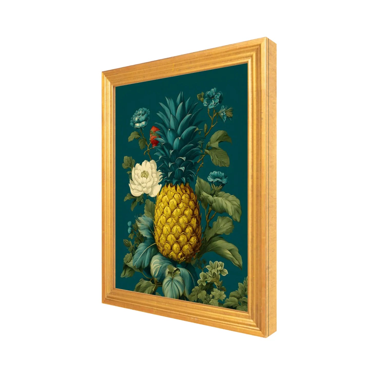 Decorative painting of a pineapple surrounded by flowers and leaves on a teal background, framed in Gold 8" x 10" side view