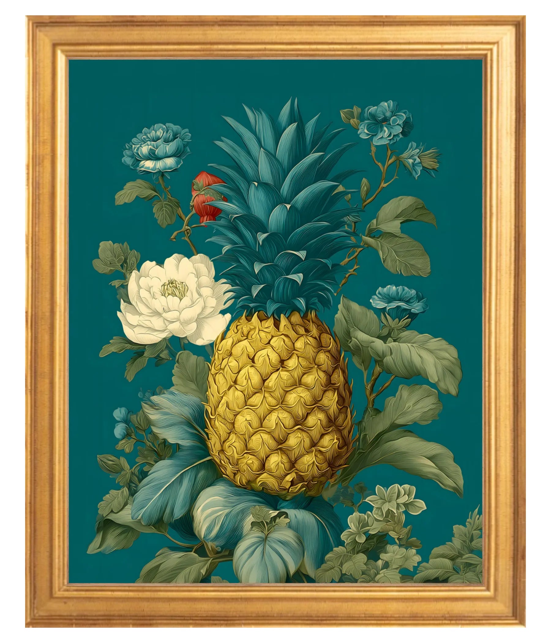 Decorative painting of a pineapple surrounded by flowers and leaves on a teal background, framed in Gold 8" x 10".