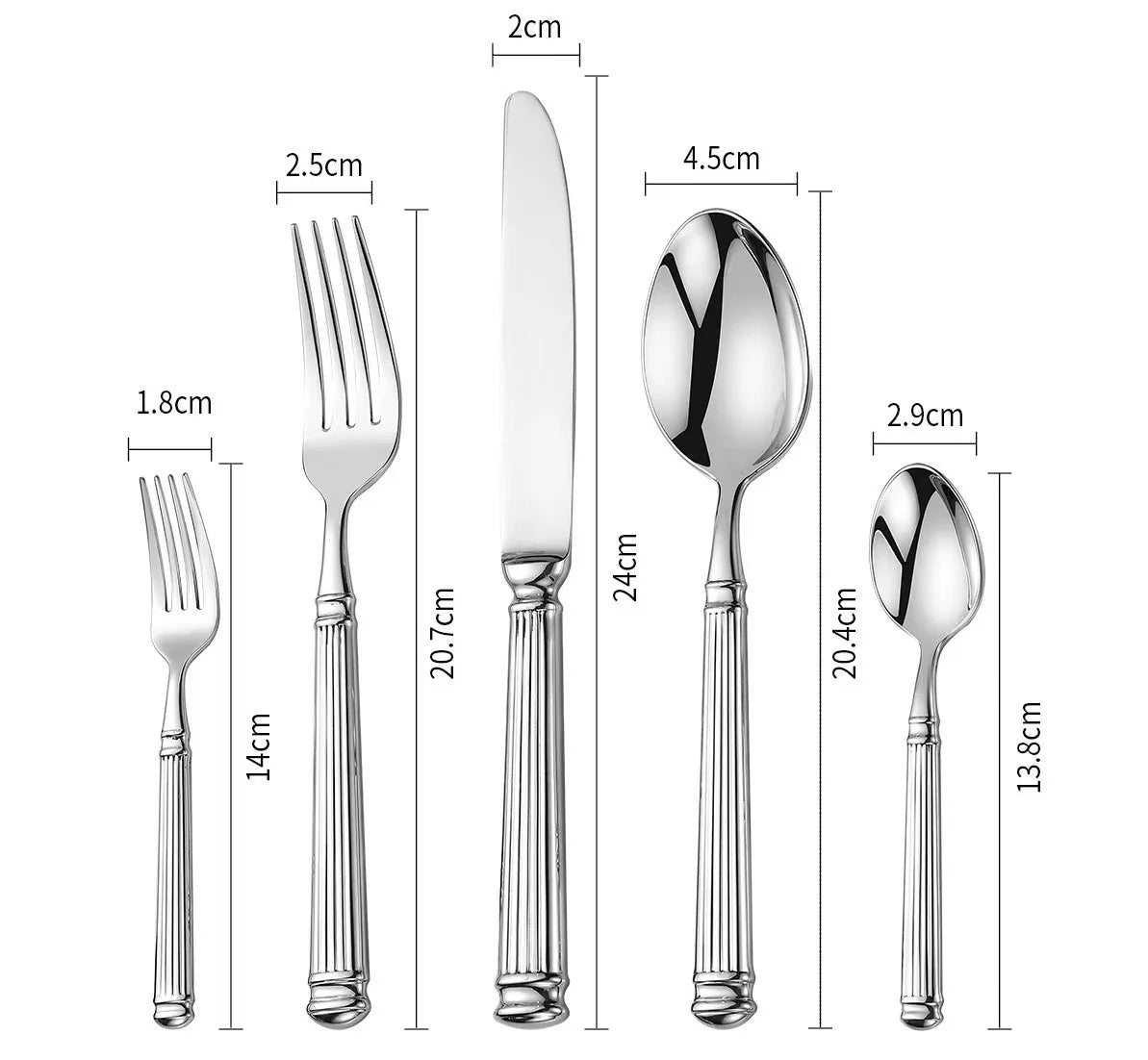 Measurement chart of silver cutlery including forks, knives, and spoons on a white background.