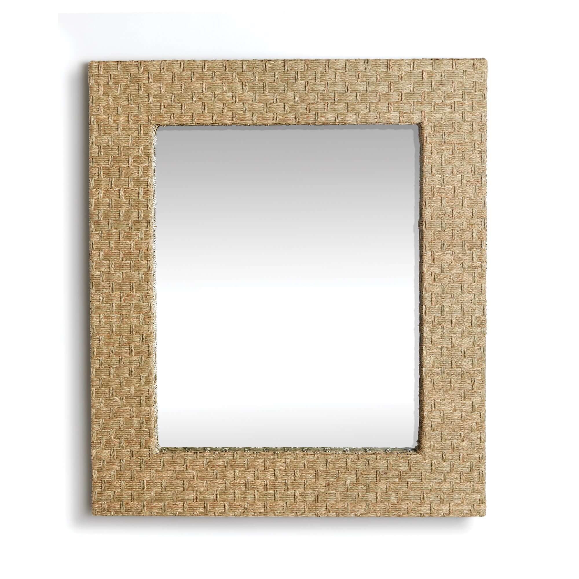 Rectangular mirror with a woven beige frame on a white background