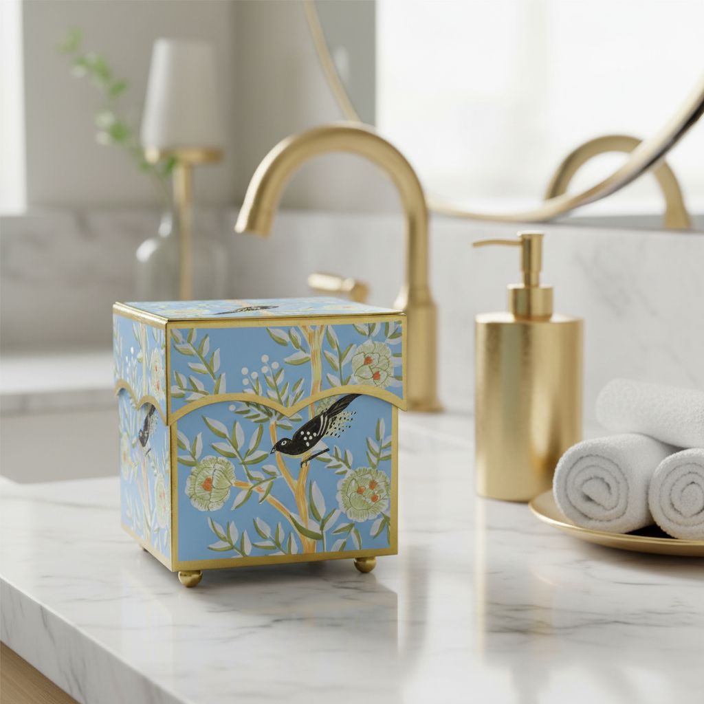 Decorative blue chinoiserie tissue holder with gold accents and floral design on a bathroom counter