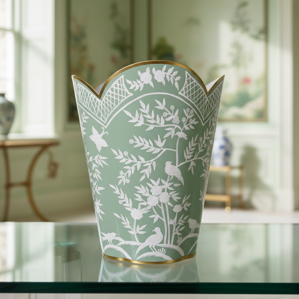 Celadon & White Wastepaper Basket with floral and bird pattern on a glass table