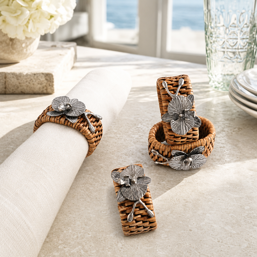 Orchid Hand Woven Wicker Rattan Napkin Ring - Set of 4