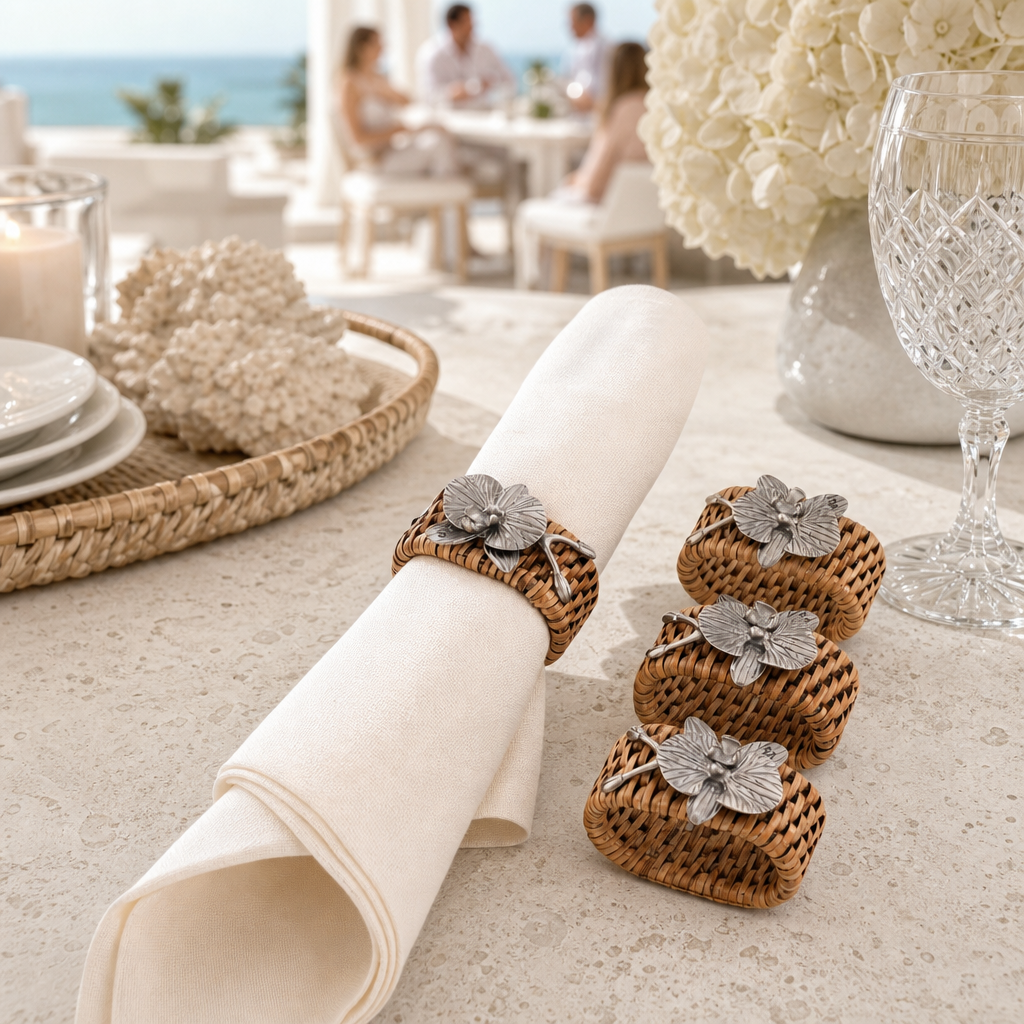 Orchid Hand Woven Wicker Rattan Napkin Ring - Set of 4