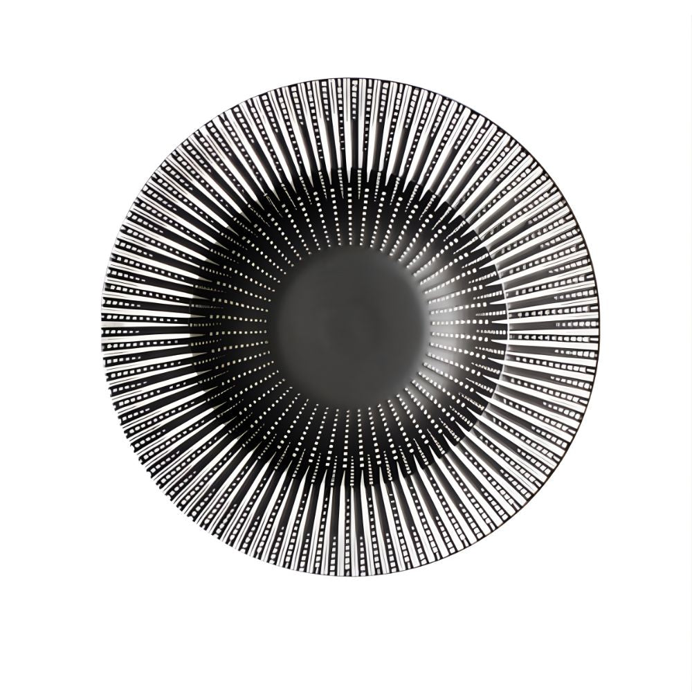 Circular decorative item with a sunburst pattern on a white background