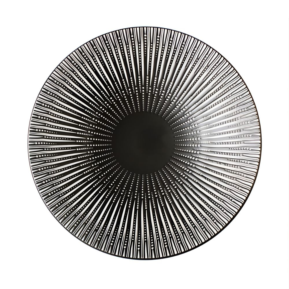 Black and white circular design with radiating lines on a white background