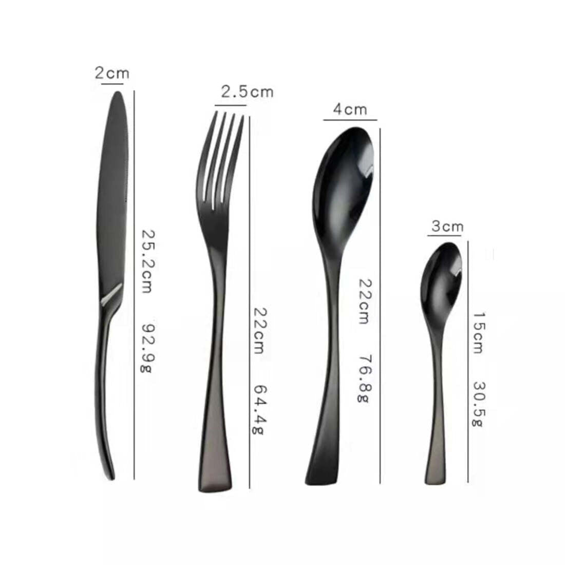 Black cutlery set with measurements on a white background