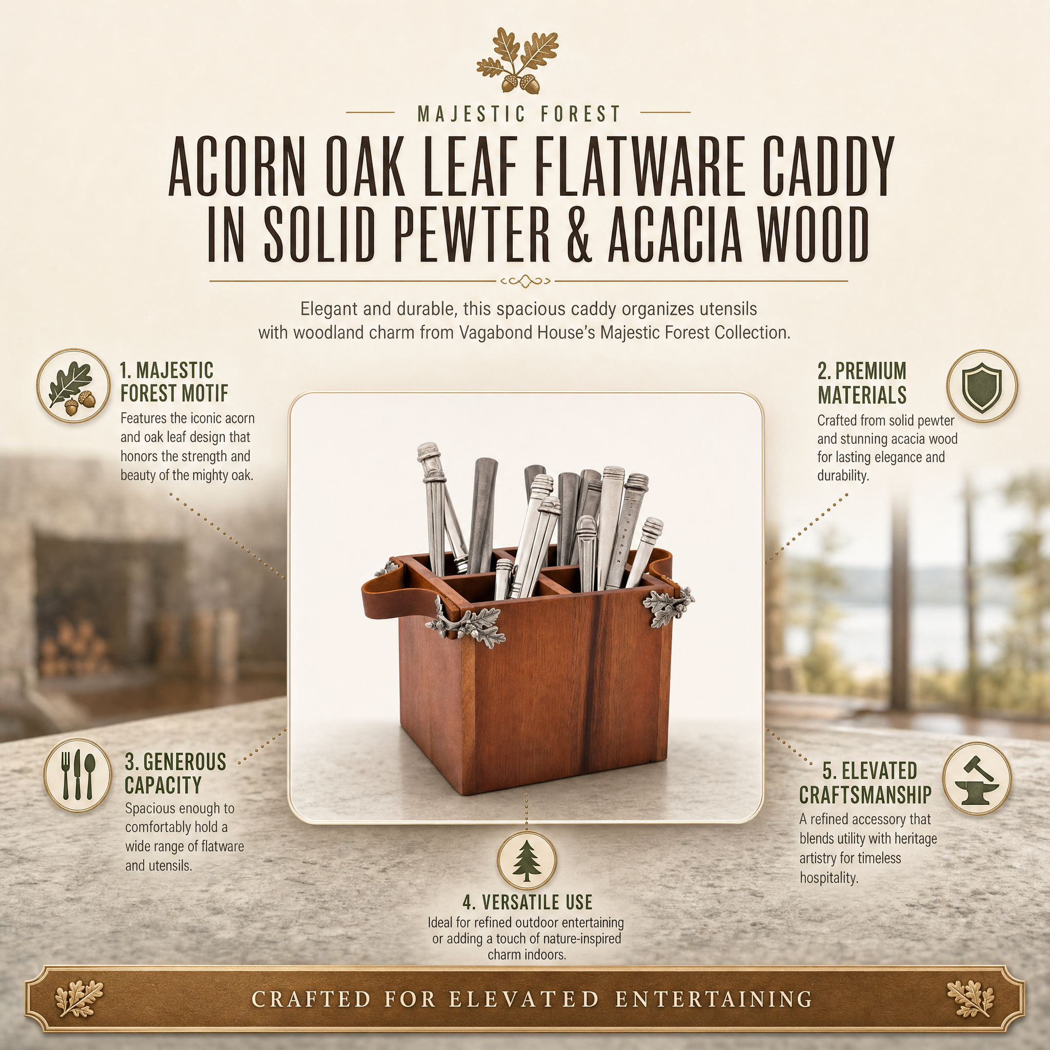 Acorn Oak Leaf Flatware Caddy - Square Box Wood