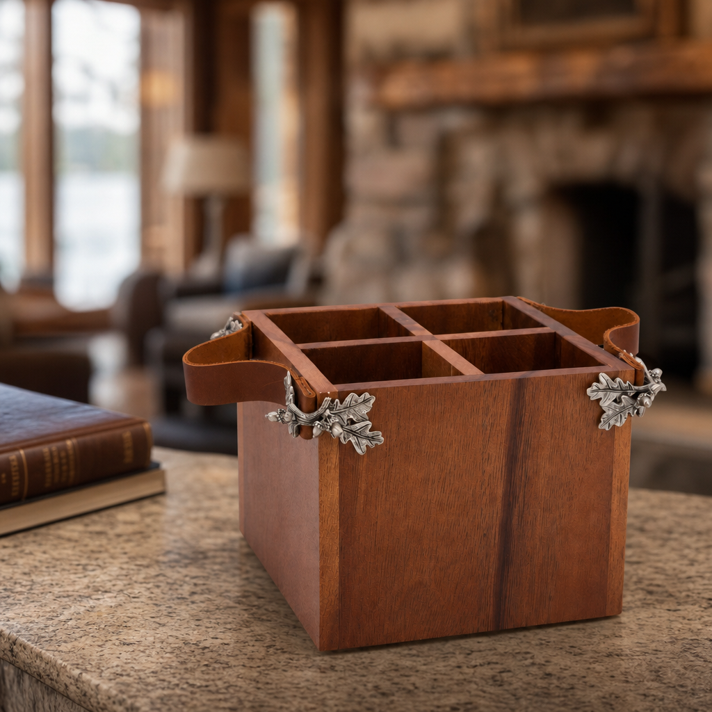 Acorn Oak Leaf Flatware Caddy - Square Box Wood