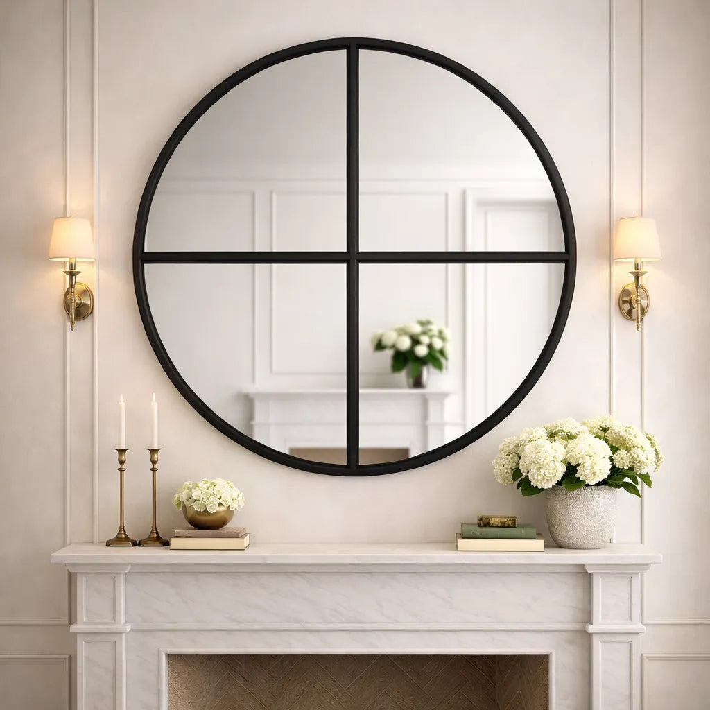 Round mirror with black frame on a wall above a fireplace with decorative items.
