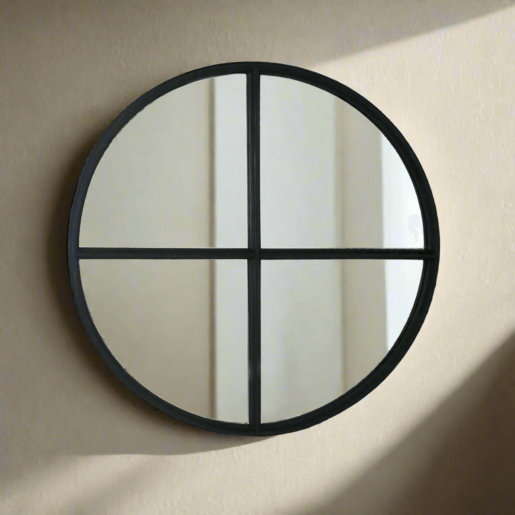 Round wall mirror with black frame on a beige wall