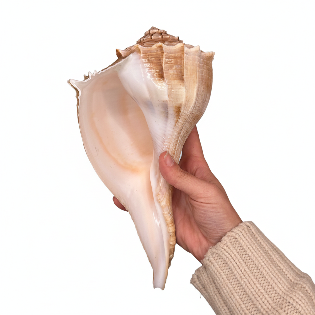 Hand holding a large genuine Lightning Whelk 
shell against a white background