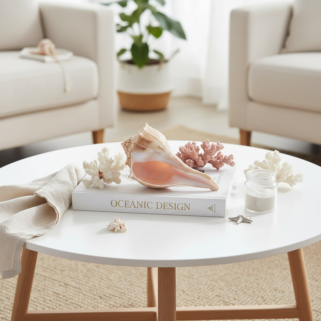 Round white coffee table with a genuine lightning whelk shell on a book with other decorative items in a living room setting
