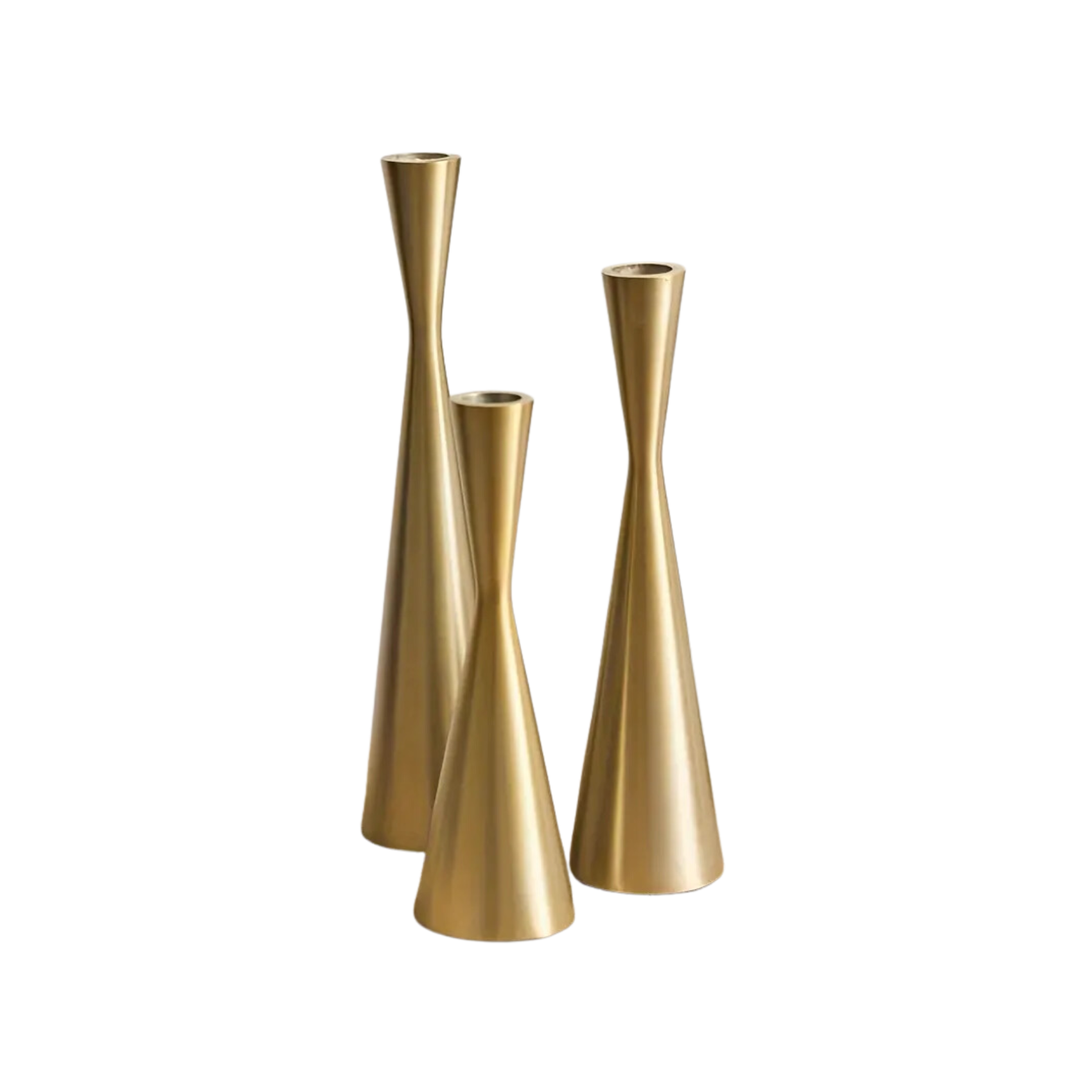 Three gold candle holders of different heights on a white background