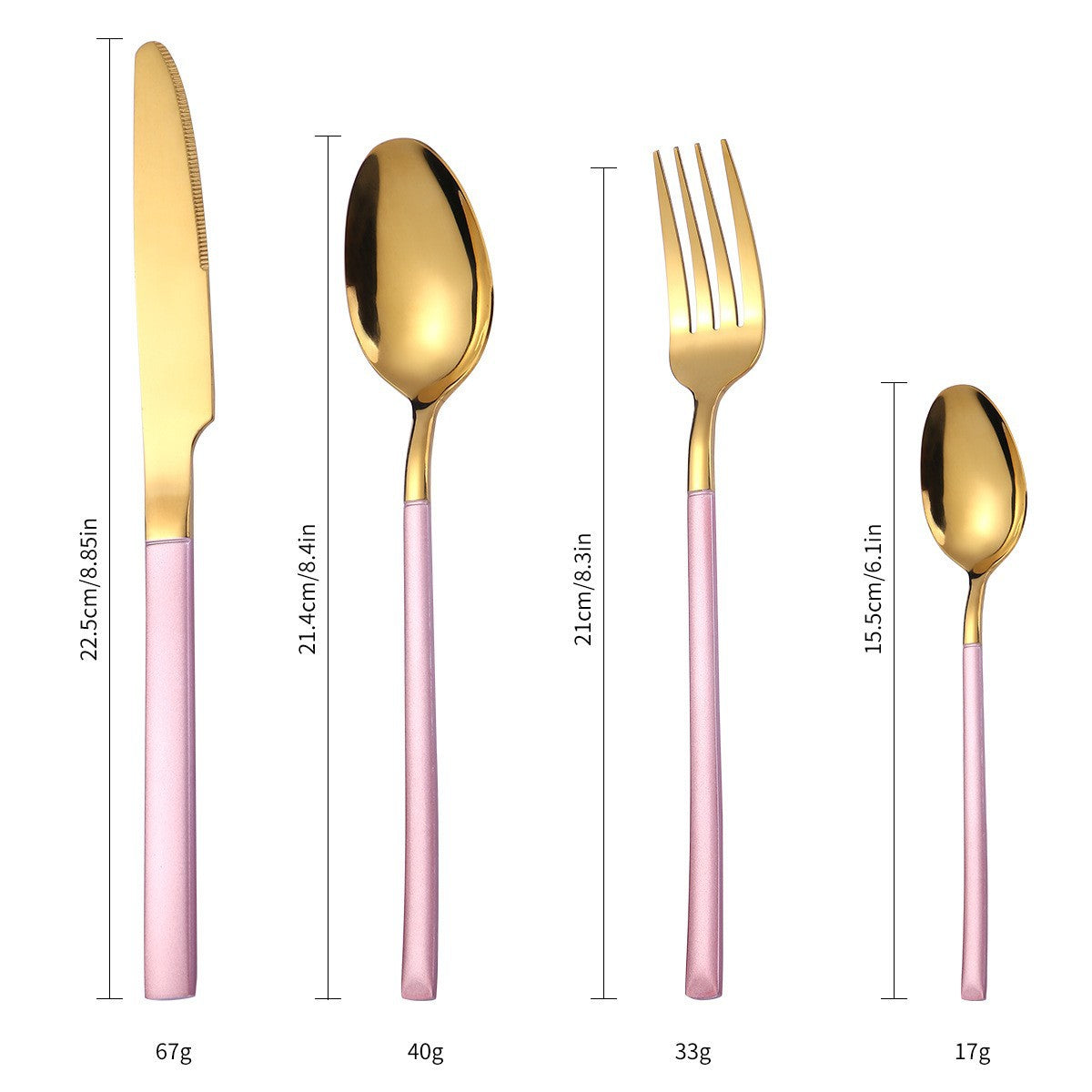 Set of gold cutlery with pink handles, including knife, spoon, fork, and teaspoon, with measurements and weights displayed.