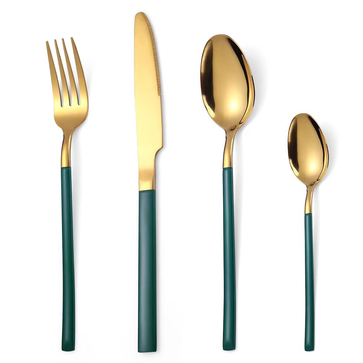 Gold cutlery set with green handles on a white background
