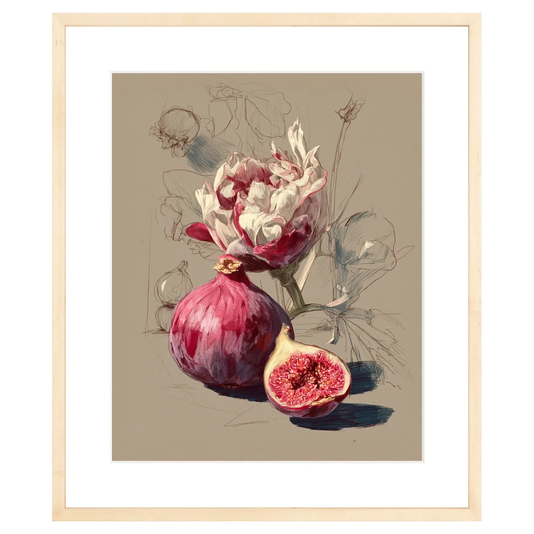 Framed artwork of a pomegranate with floral elements on a beige background