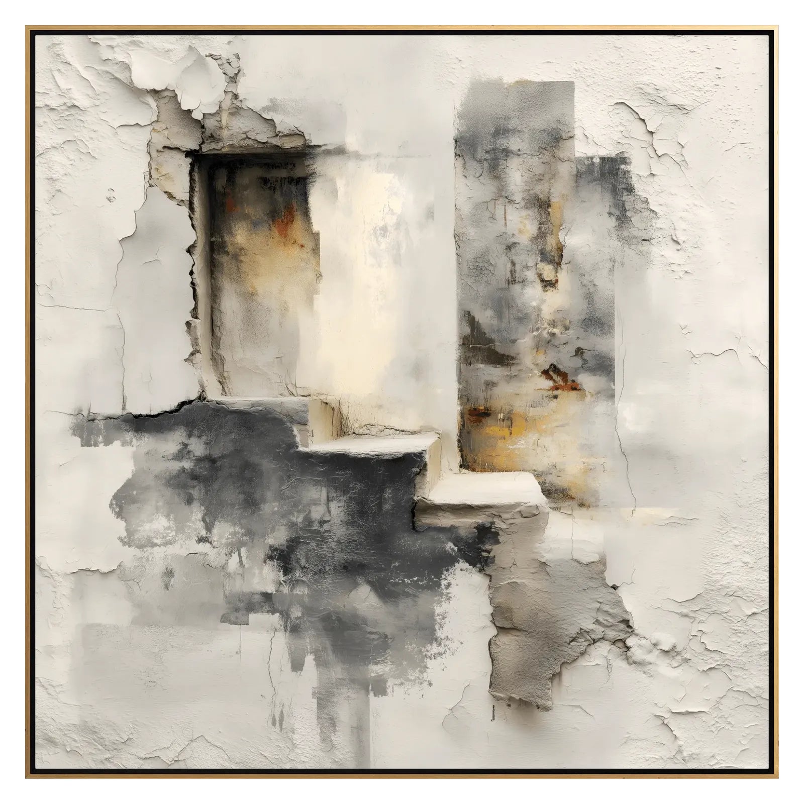 Abstract art piece with a mix of black, white, and gray tones on a textured background.