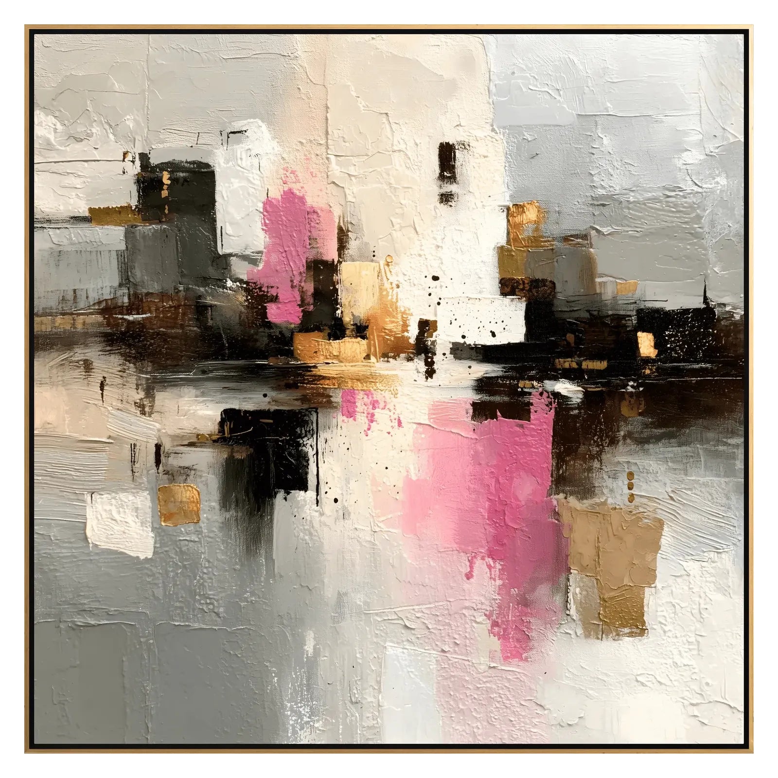 Abstract painting with pink, gold, and black elements on a gray background