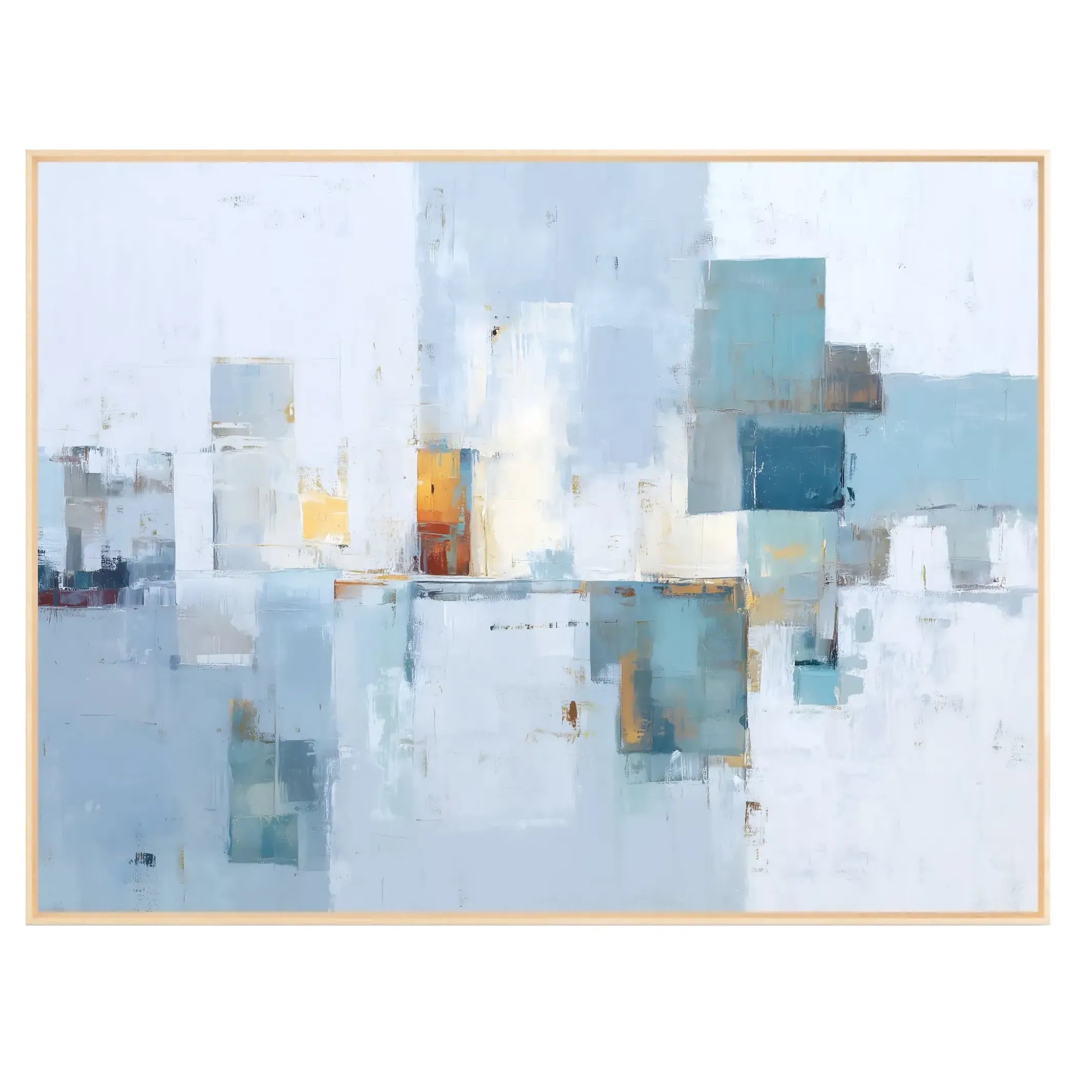 Abstract art piece with geometric shapes in blue, white, and gold on a light blue background.
