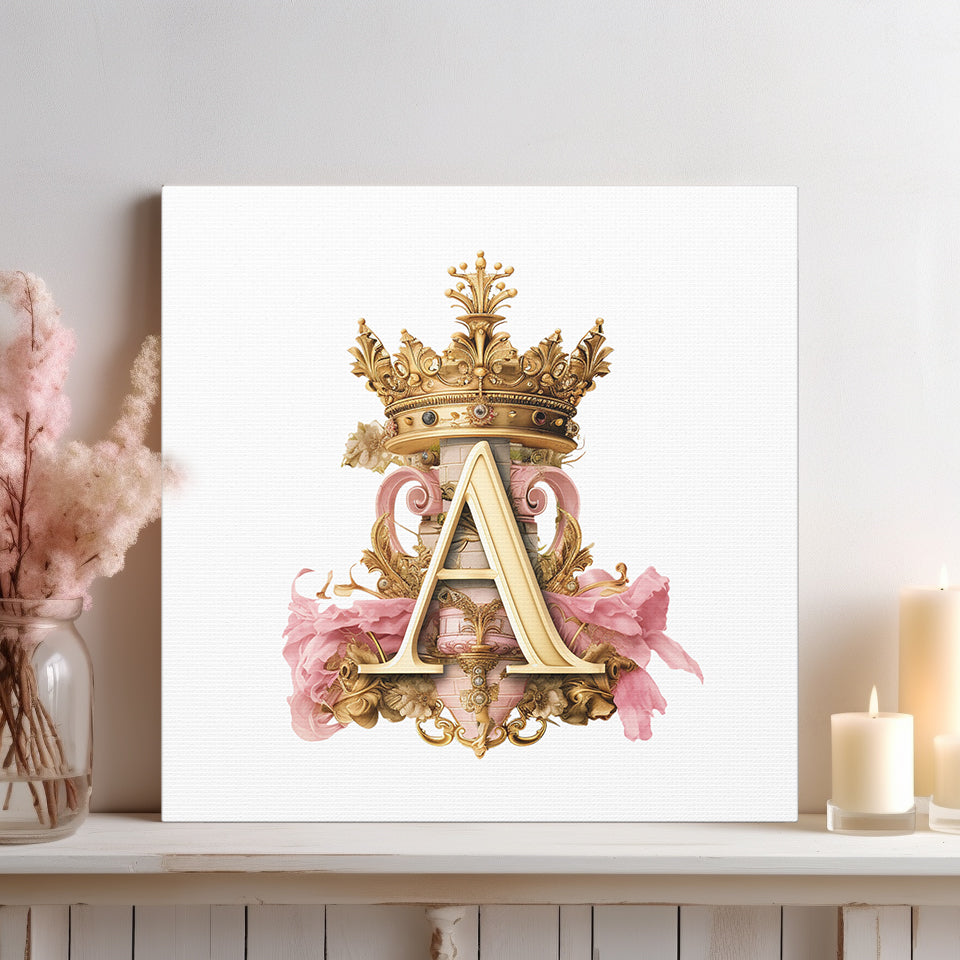 Monogram A Wall Art - Canvas Print Gallery Wrap - Single Initial Letter with Crown - Pink and Gold