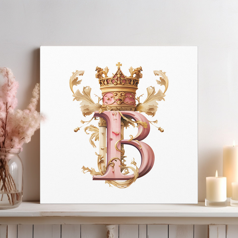 Monogram Style Letter B Canvas Print Gallery Wrap - Personalized Initial with Crown - Pink and Gold