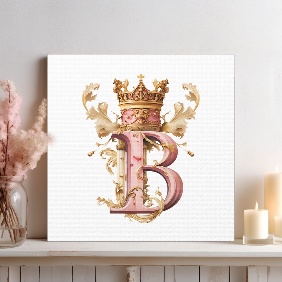 Monogram B Wall Art - Canvas Print Gallery Wrap - Single Initial Letter with Crown - Pink and Gold