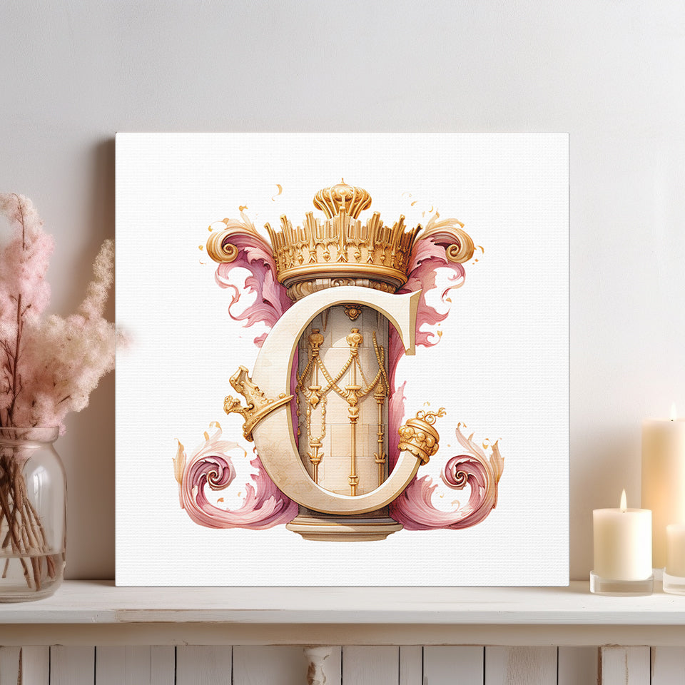 Monogram C Wall Art - Canvas Print Gallery Wrap - Single Initial Letter with Crown - Pink and Gold