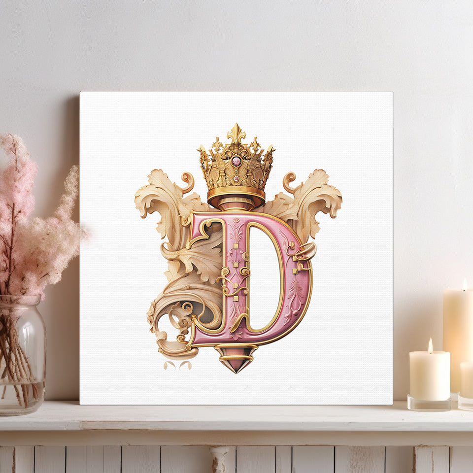 Monogram D Wall Art - Canvas Print Gallery Wrap - Single Initial Letter with Crown - Pink and Gold