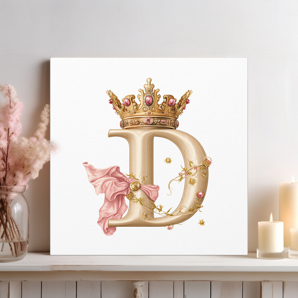 Monogram D Wall Art - Canvas Print Gallery Wrap - Single Initial Letter with Crown - Pink and Gold