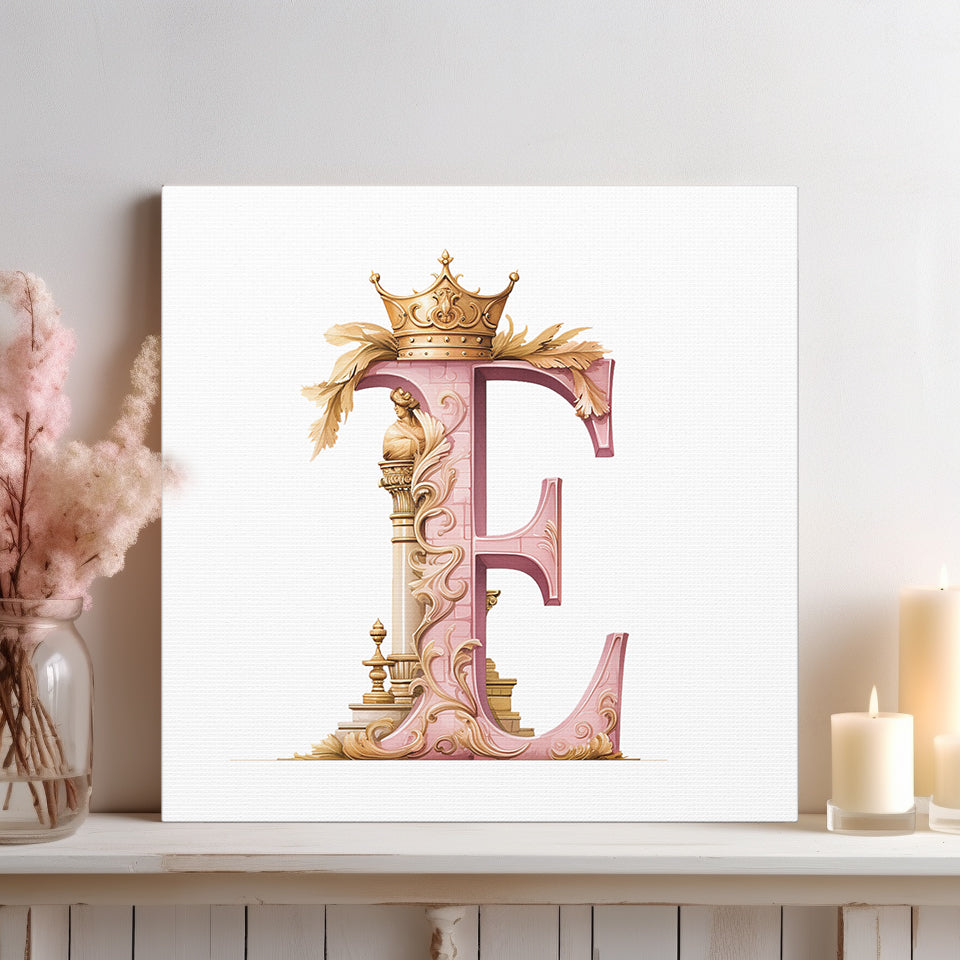 Monogram E Wall Art - Canvas Print Gallery Wrap - Single Initial Letter with Crown - Pink and Gold