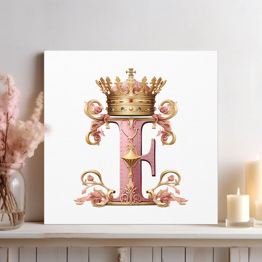 Monogram Style Letter F Canvas Print Gallery Wrap - Personalized Initial with Crown - Pink and Gold