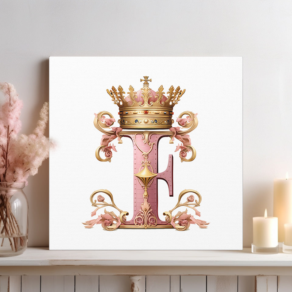 Monogram F Wall Art - Canvas Print Gallery Wrap - Single Initial Letter with Crown - Pink and Gold