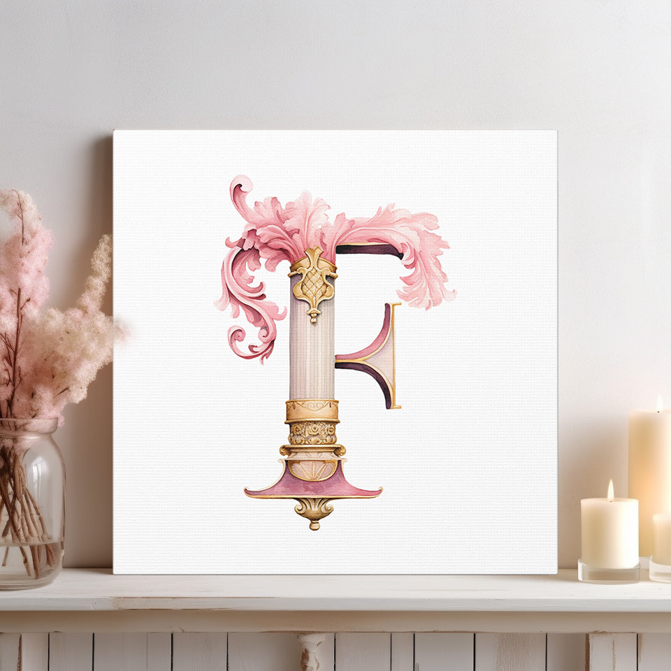 Monogram F Wall Art - Canvas Print Gallery Wrap - Single Initial Letter with Crown - Pink and Gold