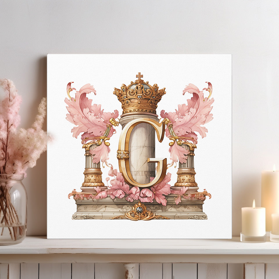 Monogram G Wall Art - Canvas Print Gallery Wrap - Single Initial Letter with Crown - Pink and Gold