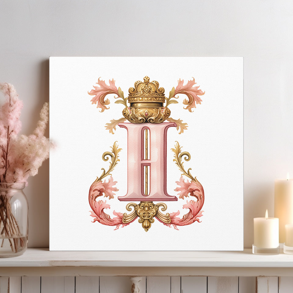 Monogram H Wall Art - Canvas Print Gallery Wrap - Single Initial Letter with Crown - Pink and Gold