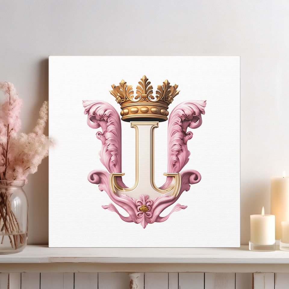 Monogram I Wall Art - Canvas Print Gallery Wrap - Single Initial Letter with Crown - Pink and Gold