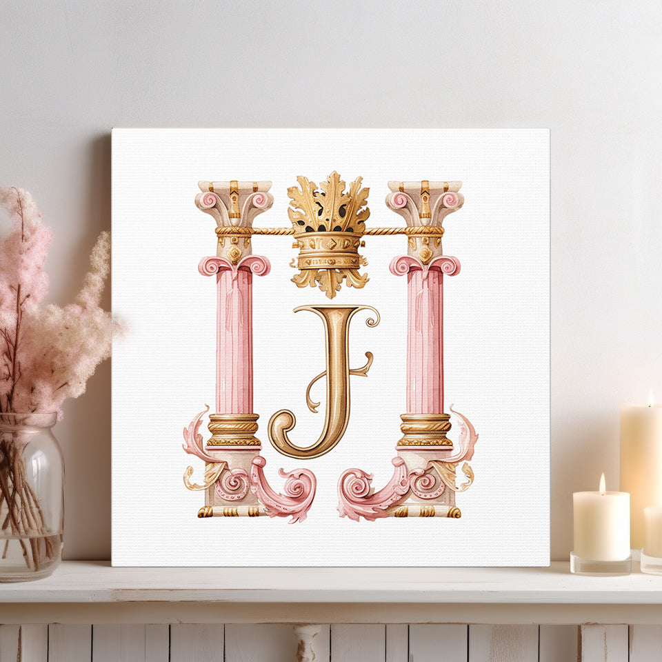 Monogram J Wall Art - Canvas Print Gallery Wrap - Single Initial Letter with Crown - Pink and Gold