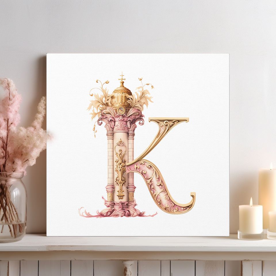 Monogram K Wall Art - Canvas Print Gallery Wrap - Single Initial Letter with Crown - Pink and Gold