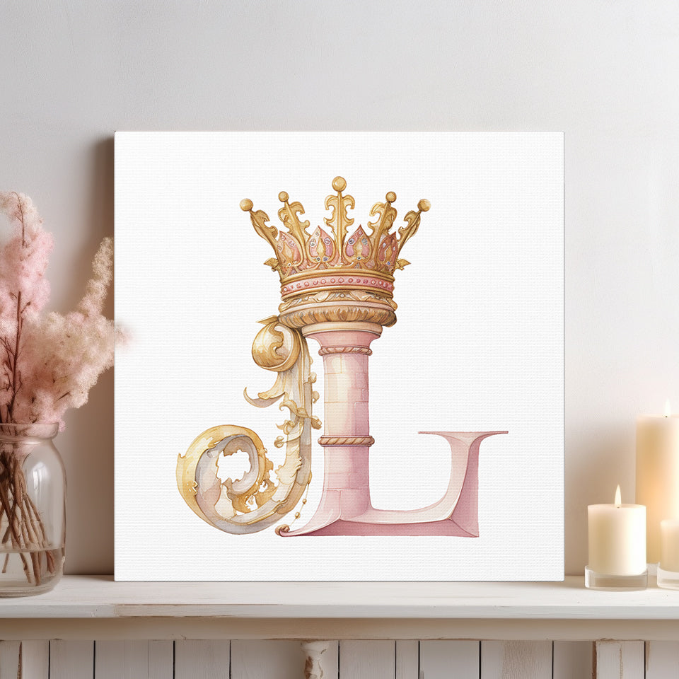 Monogram L Wall Art - Canvas Print Gallery Wrap - Single Initial Letter with Crown - Pink and Gold