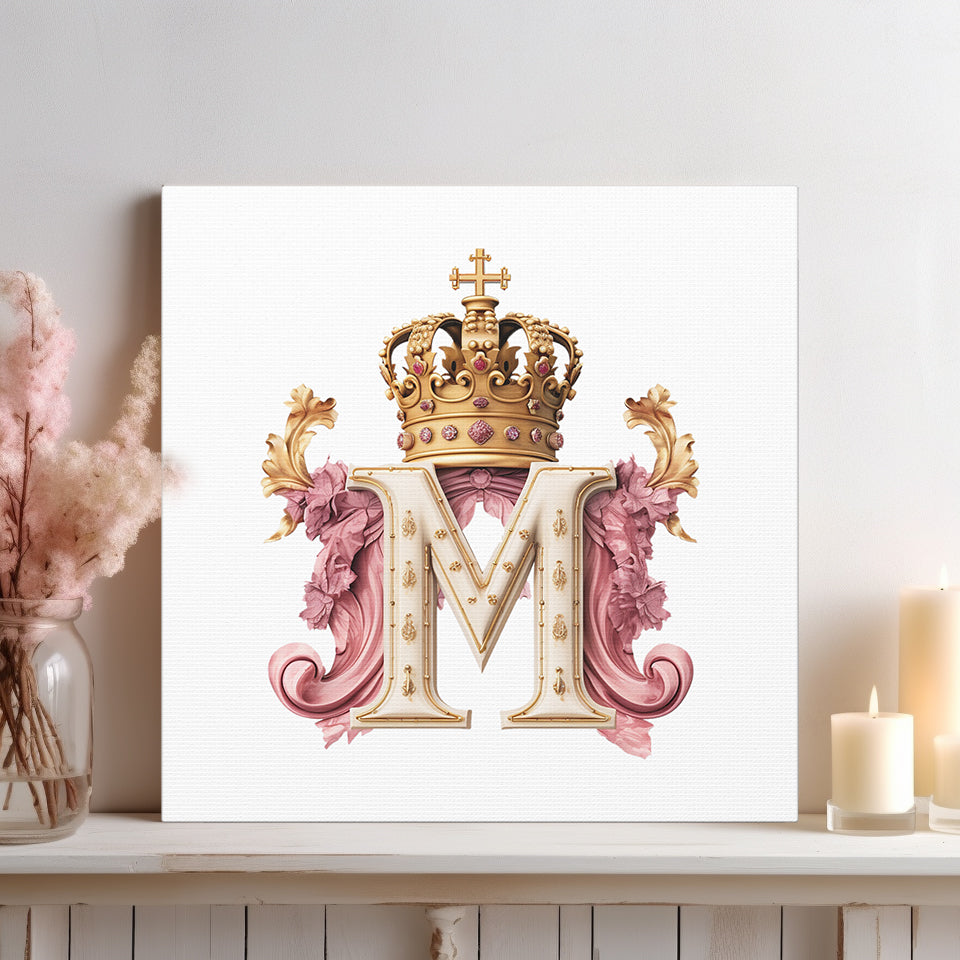 Monogram M Wall Art - Canvas Print Gallery Wrap - Single Initial Letter with Crown - Pink and Gold