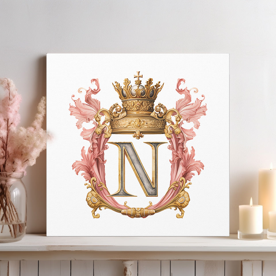 Monogram N Wall Art - Canvas Print Gallery Wrap - Single Initial Letter with Crown - Pink and Gold