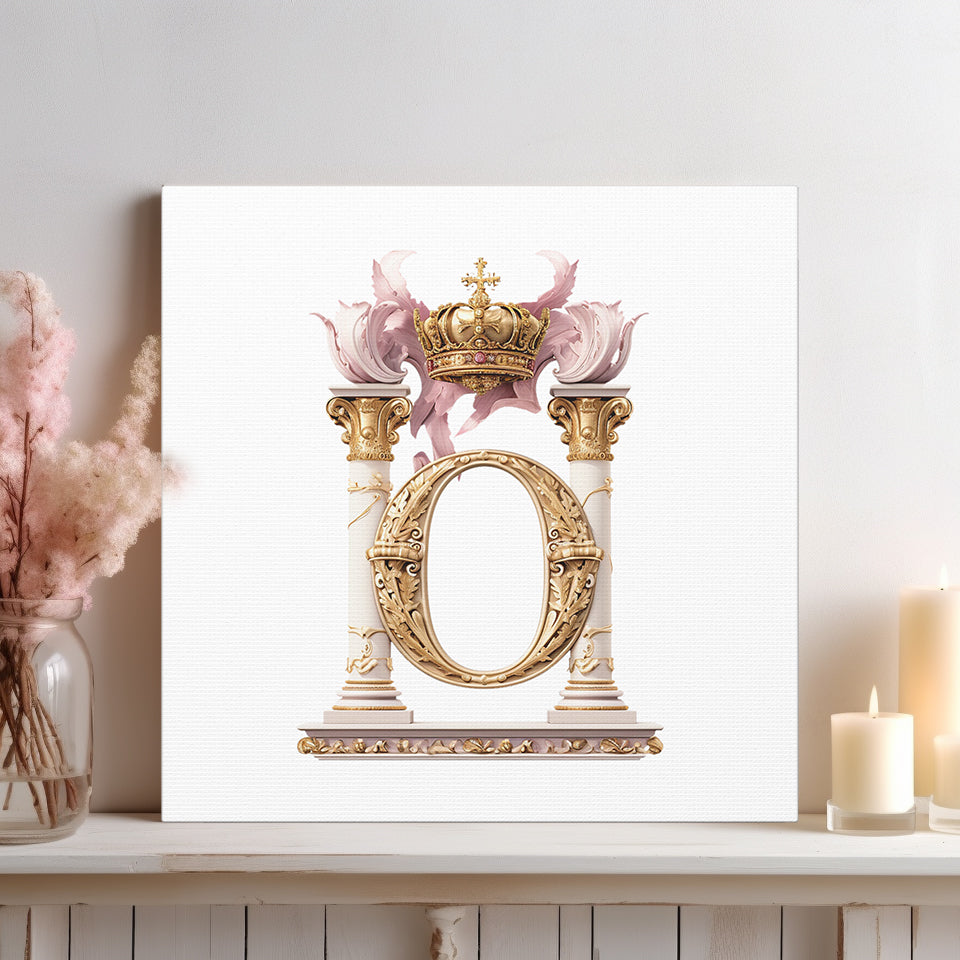 Monogram O Wall Art - Canvas Print Gallery Wrap - Single Initial Letter with Crown - Pink and Gold