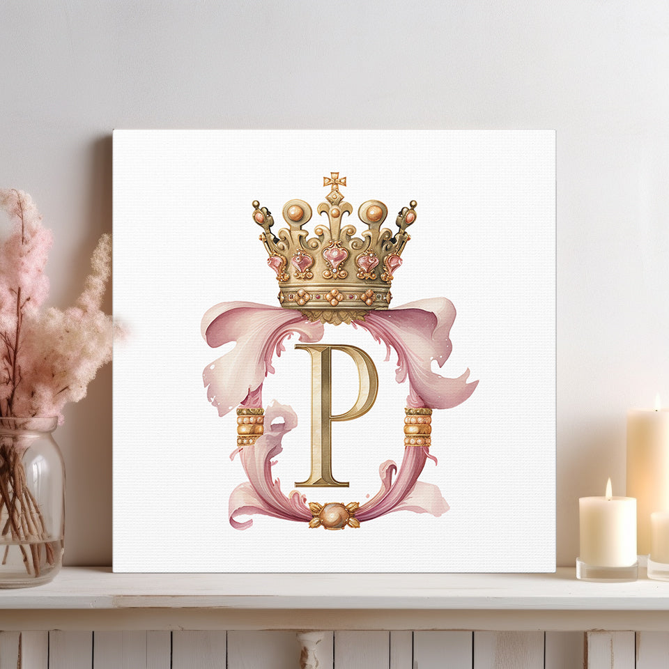 Monogram P Wall Art - Canvas Print Gallery Wrap - Single Initial Letter with Crown - Pink and Gold