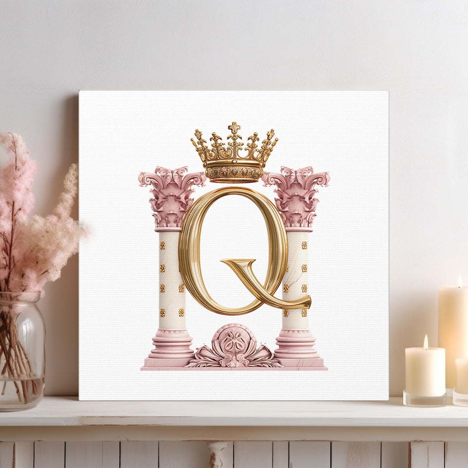 Monogram Q Wall Art - Canvas Print Gallery Wrap - Single Initial Letter with Crown - Pink and Gold