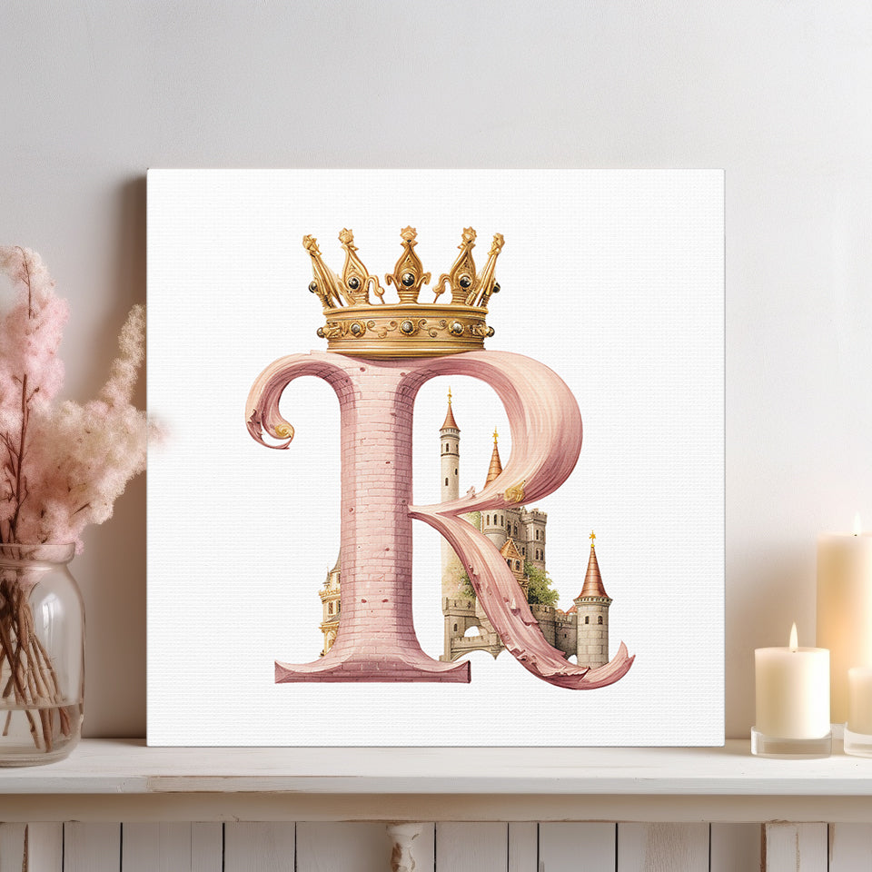 Monogram R Wall Art - Canvas Print Gallery Wrap - Single Initial Letter with Crown - Pink and Gold