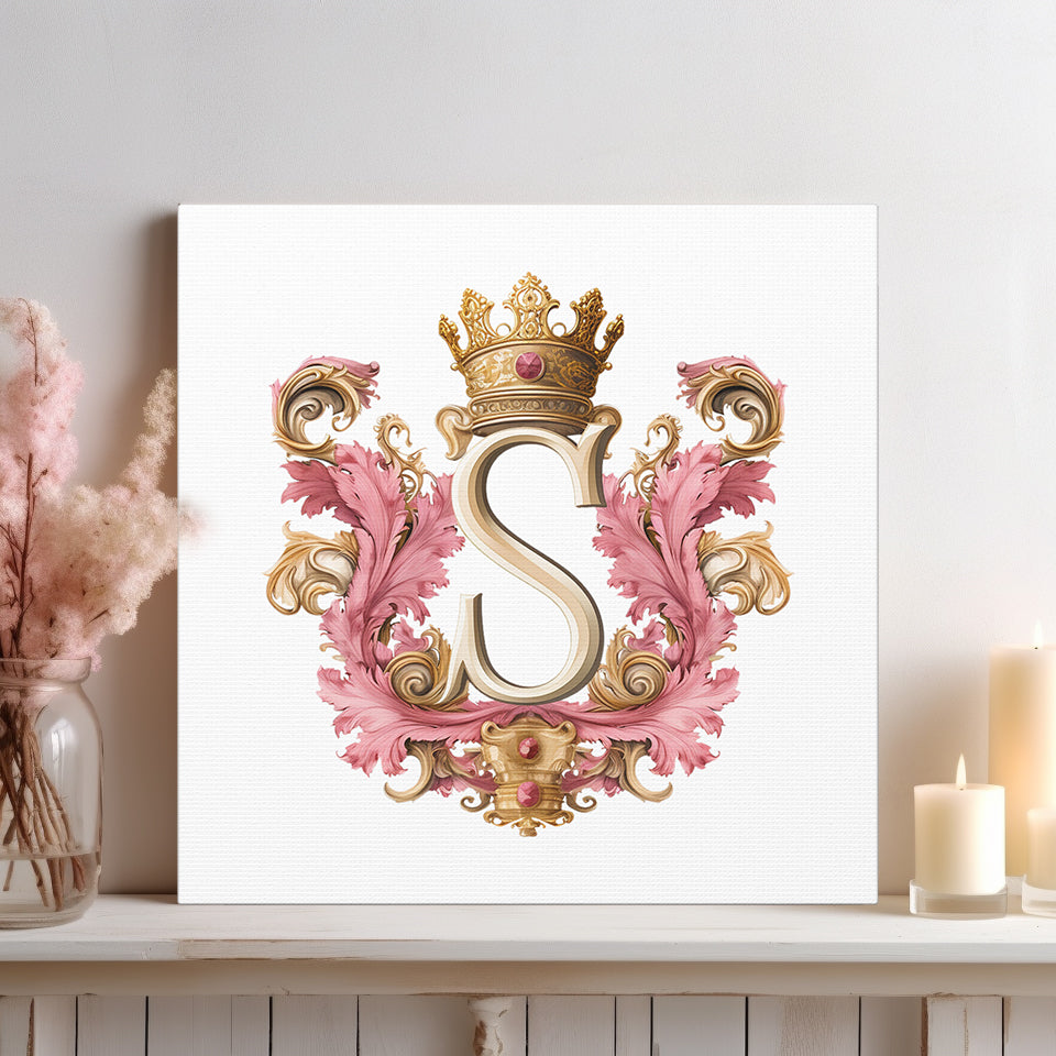 Monogram S Wall Art - Canvas Print Gallery Wrap - Single Initial Letter S with Crown - Pink and Gold