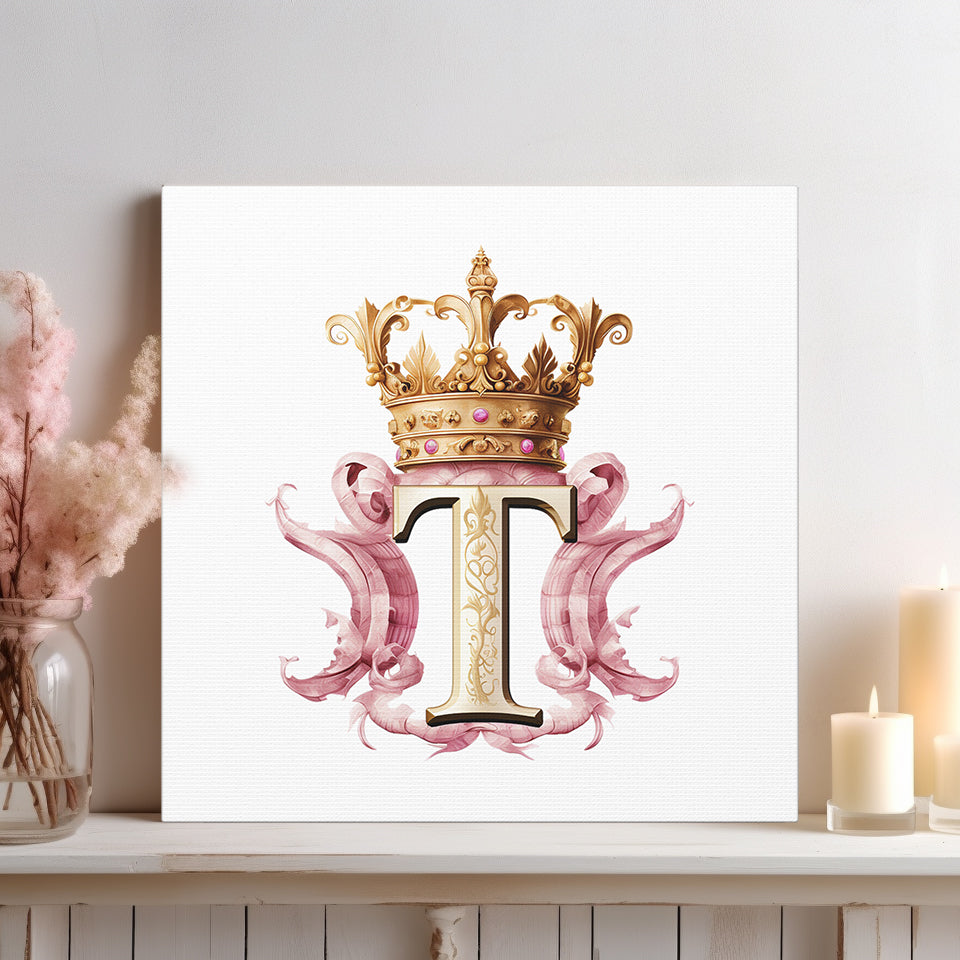 Monogram T Wall Art - Canvas Print Gallery Wrap - Single Initial Letter with Crown - Pink and Gold