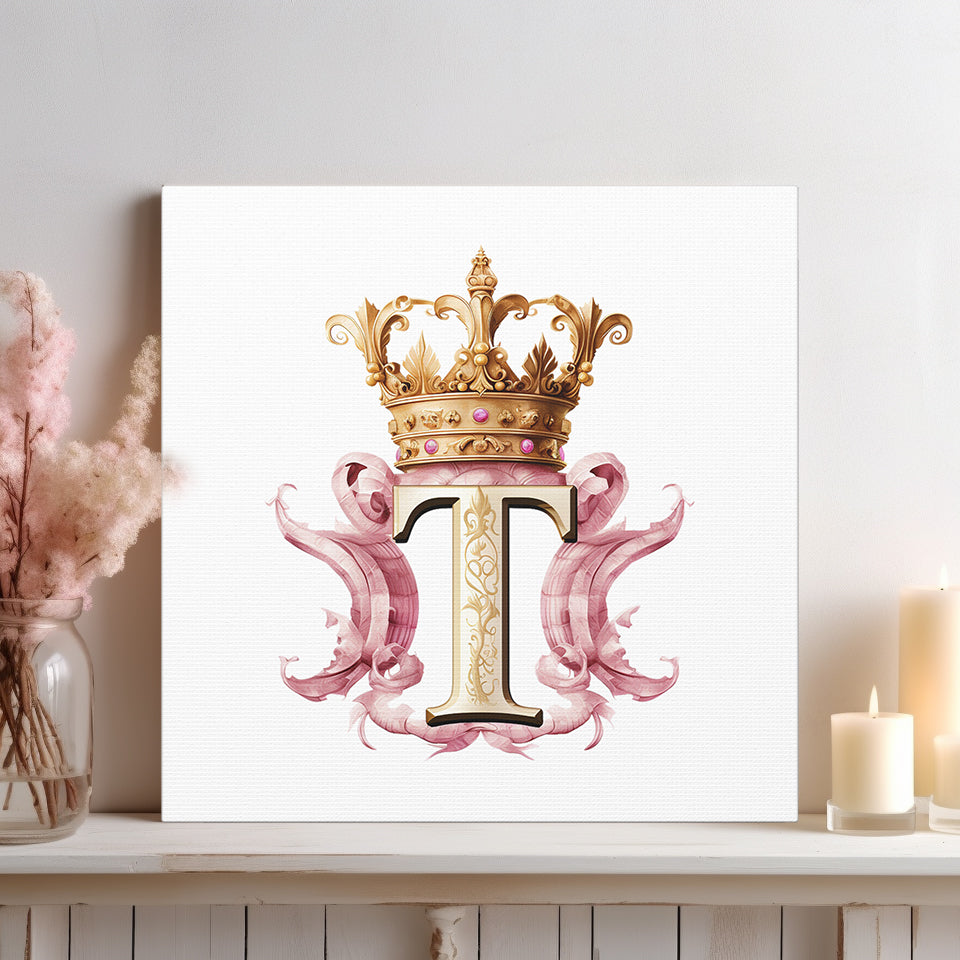 Monogram Style Letter T Canvas Print Gallery Wrap - Personalized Initial with Crown - Pink and Gold