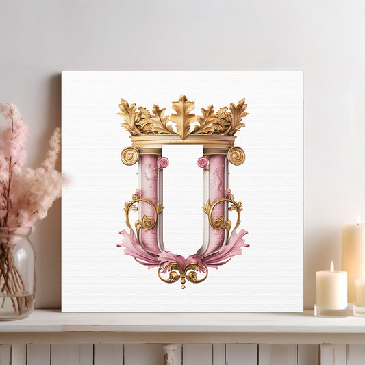 Monogram Style Letter U Canvas Print Gallery Wrap - Personalized Initial with Crown - Pink and Gold